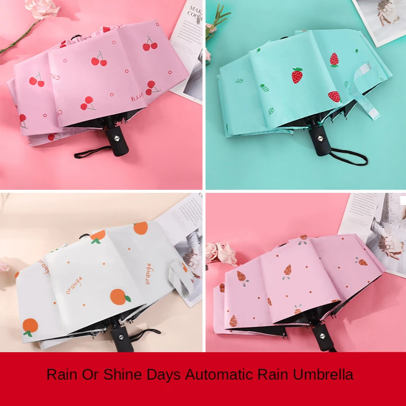 

Umbrella Sunscreen Fruit Pattern Fully Automatic Umbrella Sunny or Rain Folding Vinyl Sunshade Umbrella UV and Windproof