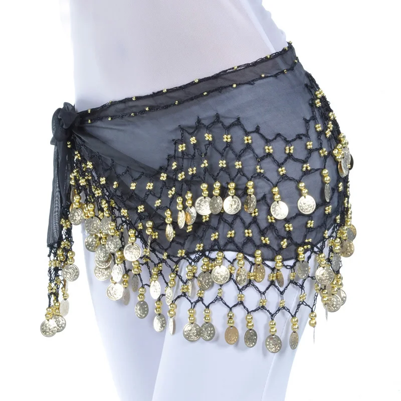 

Women Belly Dance Hip Scarf Accessories 3 Row Belt Skirt With Gold bellydance Tone Coins Waist Chain Wrap Adult Dance Wear X