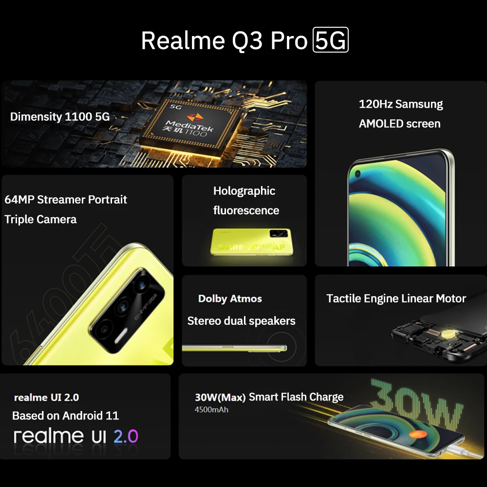 Realme Q3 Pro 5G Mobile Phone 6.43&quot FHD+ AMOLED Dimensity 1100 Octa Core 64MP Rear Camera 30W Fast Charge Android 11 Smartphones |