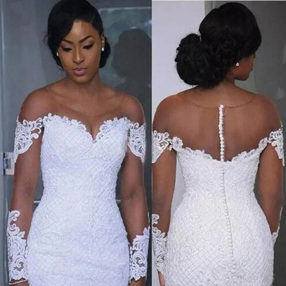 

Sexy Sheer Long Sleeve Mermaid Trumpet Wedding Dress 2020 Africa New Lace Appliques Beaded Button Back Plus Size Wedding Dress