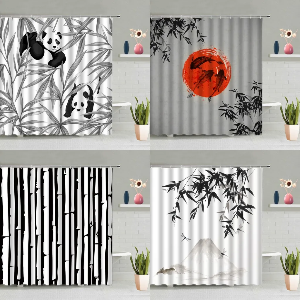 

Занавеска для душа в китайском стиле, чернильная картина, бамбуковые листья, растения, лотос, цветы, птица, панда, декор для ванной комнаты, м...