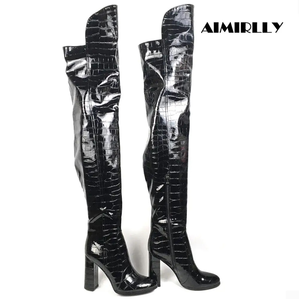 Обувь Женские Сапоги выше колена на высоком каблуке с круглым носком Черные женские зимние сапоги из