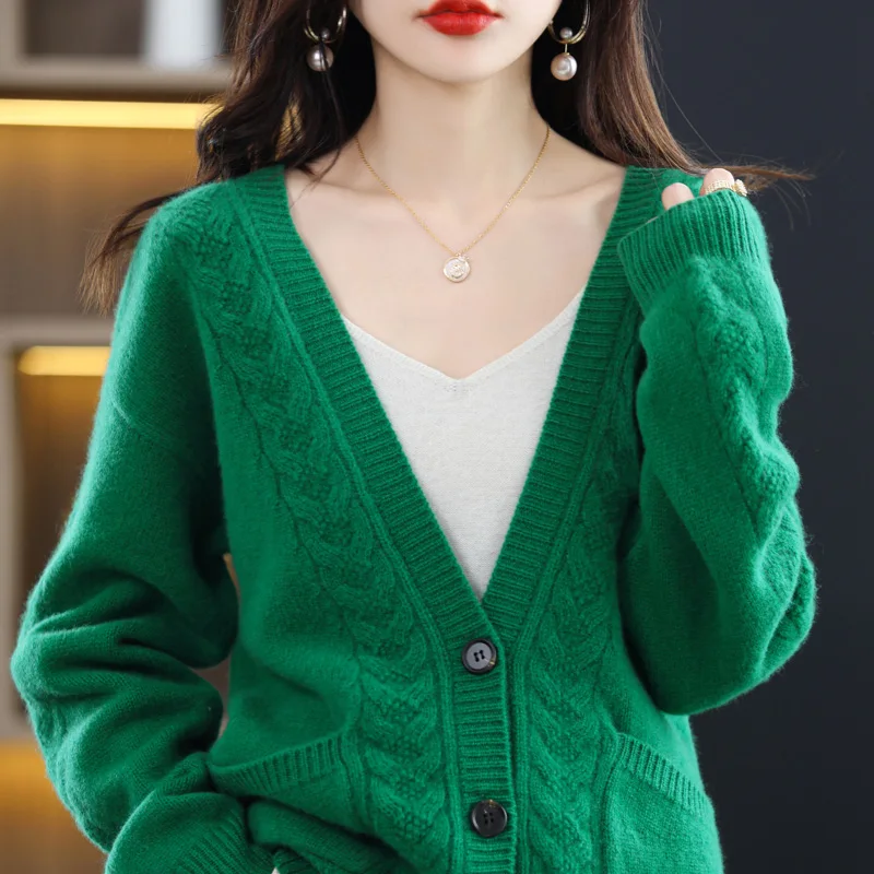 2022 Women's Autumn And Winter New 100% Pure Wool Knitted Cardigan Elegant And Versatile Loose Fashion Large Size High-End Top