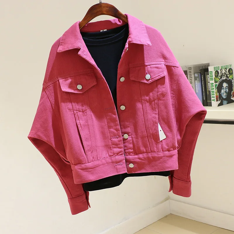 

Rose red Denim Jacket Coat Women Big size Loose Outerwear Chaqueta Mujer Spring Fashion Batwing sleeve Short Jeans Jacket Female