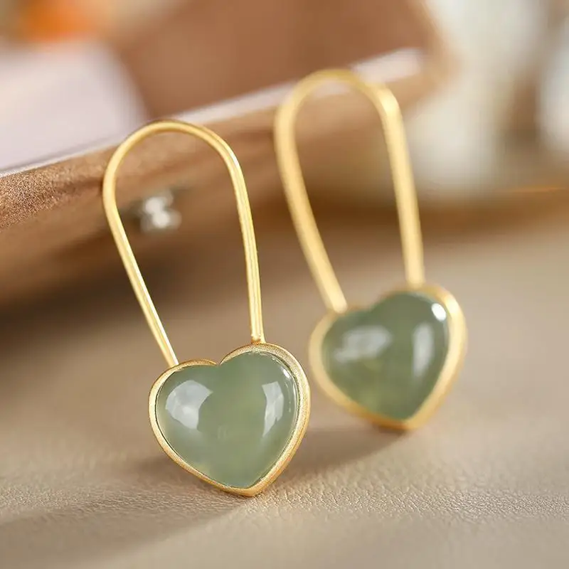 

Hetian Gray Jade Earrings 2020 New Sterling Silver Women's Retro Europe and America Earrings Refined Grace Sweet Loving Heart Cl