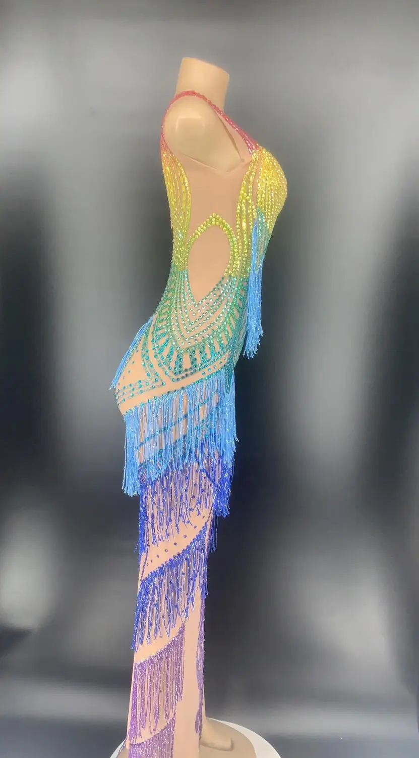 Rhinestones Tassel Mesh Dress Women Evening Party See Through Crystal Birthday Celebration Sexy Long Stage Outfits | Женская одежда