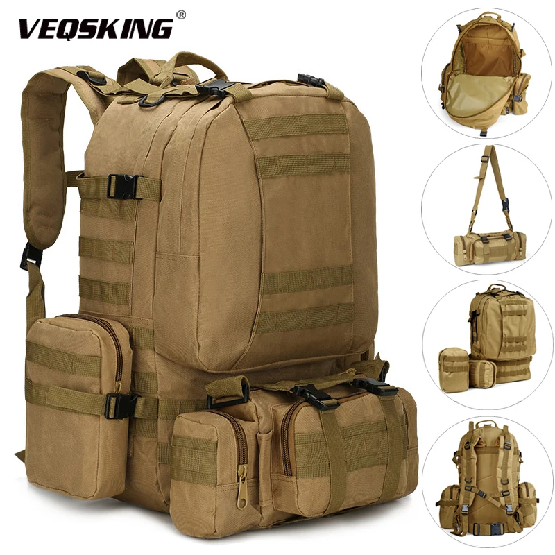 

50L Tactical Military Backpack, Men's Army Camo 4 in 1 Molle Pack Hiking Trekking Bags, Outdoor Camping Sports 3D Rucksack