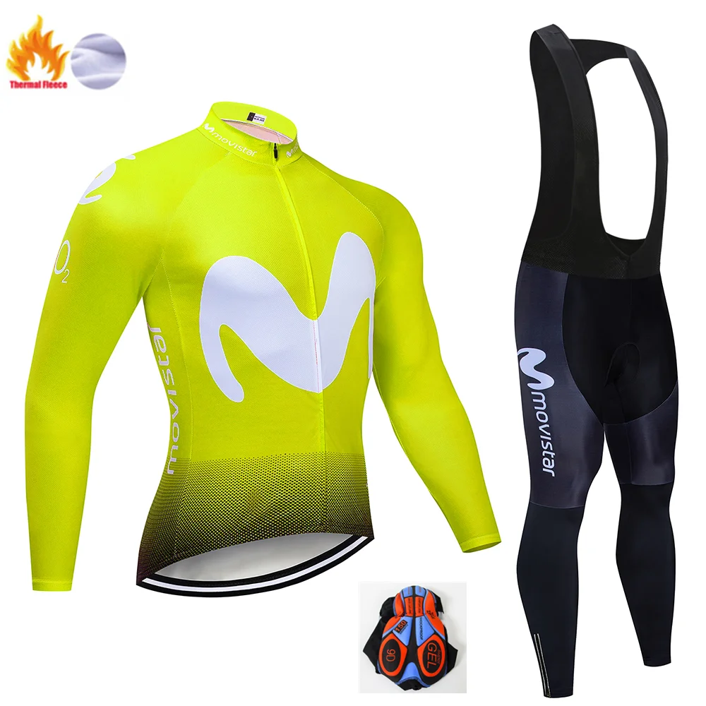 Winter suit Зимняя Теплая Флисовая мужская майка Movistar с длинным рукавом для езды на велосипеде, велосипедная 9D Подушка, штаны, комплекты одежды для езды на велосипеде - Цвет: Winter suit