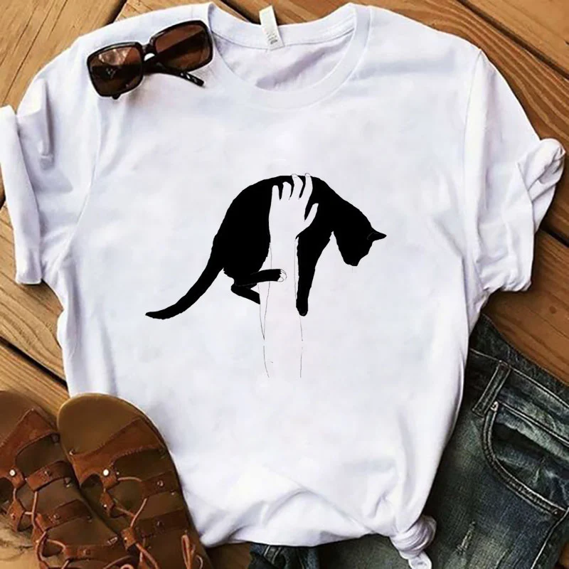

Black Cat and Ink T-shirt Women Funny Women Graphic T Shirt Short Sleeve Tops Tees Femme Aesthetic Fashion Tshirt Woman Tshirt