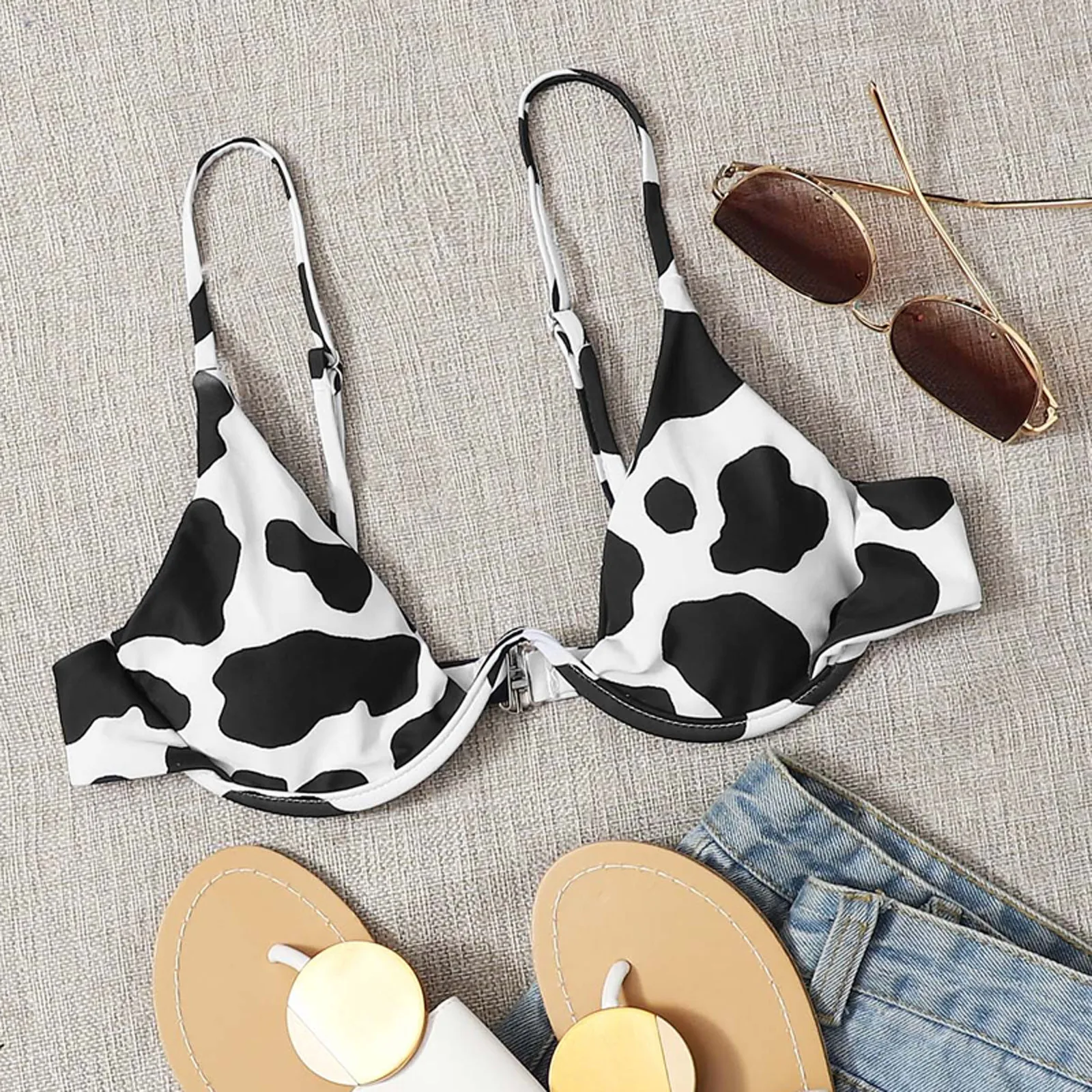 Women Cow Print Underwire Tops Separates One Piece Swimwear Bandeau Bandage Bikini Push Bra Brazilian Swimwear Beachwear Bathing