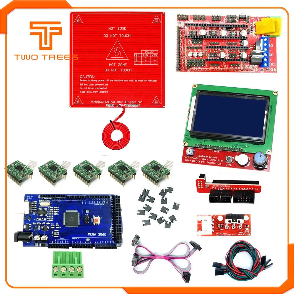 Детали 3D-принтера Reprap Ramps 1,4 комплект с Mega 2560 R3+ Heatbed MK2B+ 12864 ЖК-контроллер+ A4988 Драйвер+ концы+ кабели