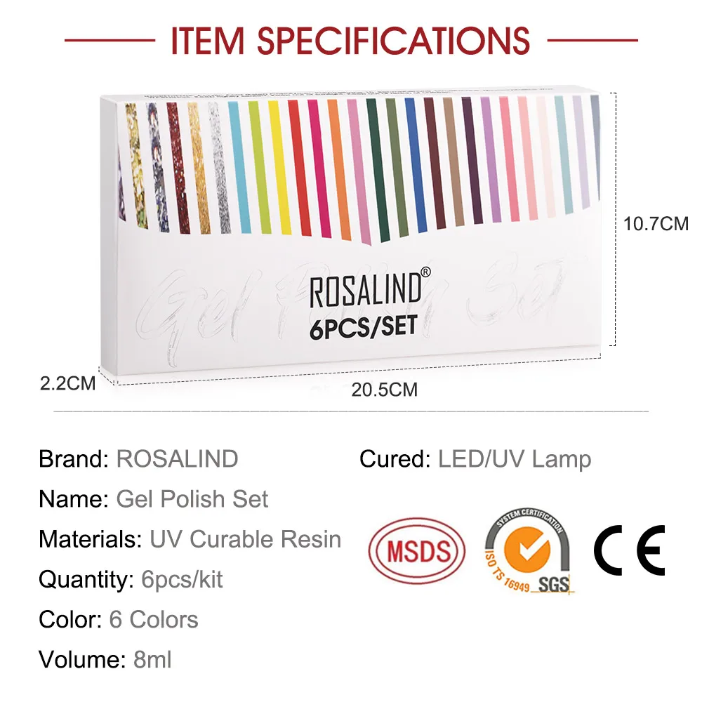 

ROSALIND 8ML Gel Polish Set For Manicure Semi Permanent Varnishes Top Coat UV LED Gel Varnish Soak Off Nail Art Gel Nail Polish