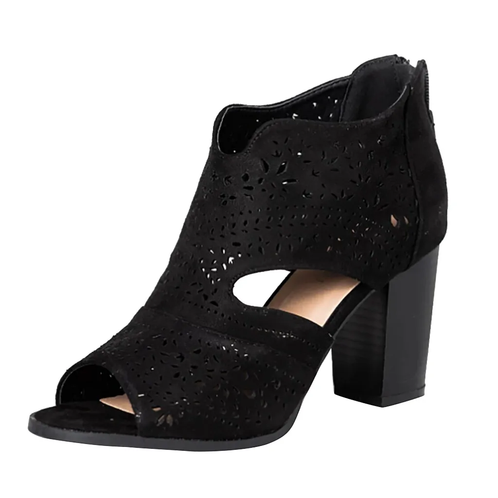 Женские босоножки на молнии JAYCOSIN черные повседневные с вырезами высоком каблуке