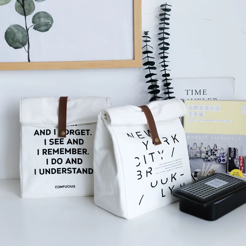 

Скандинавская портативная коробка для пикника Bento с надписью, тканевая сумка, складная изоляционная сумка, толстая искусственная сумка для ...