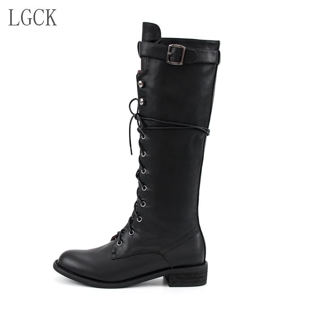black Leather fur Большие размеры 34-43; модные зимние сапоги до колена на молнии с пряжкой и шнуровкой; женские модные высокие сапоги в стиле панк из лакированной кожи для верховой езды - Цвет: black Leather fur