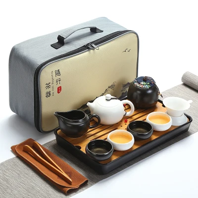 Качественный дорожный чайный набор кунг-фу чайник чашки gaiwan infuser chahai портативная коробка cozies деревянный бамбуковый поднос китайский чайный церемониальный набор - Цвет: SET 12
