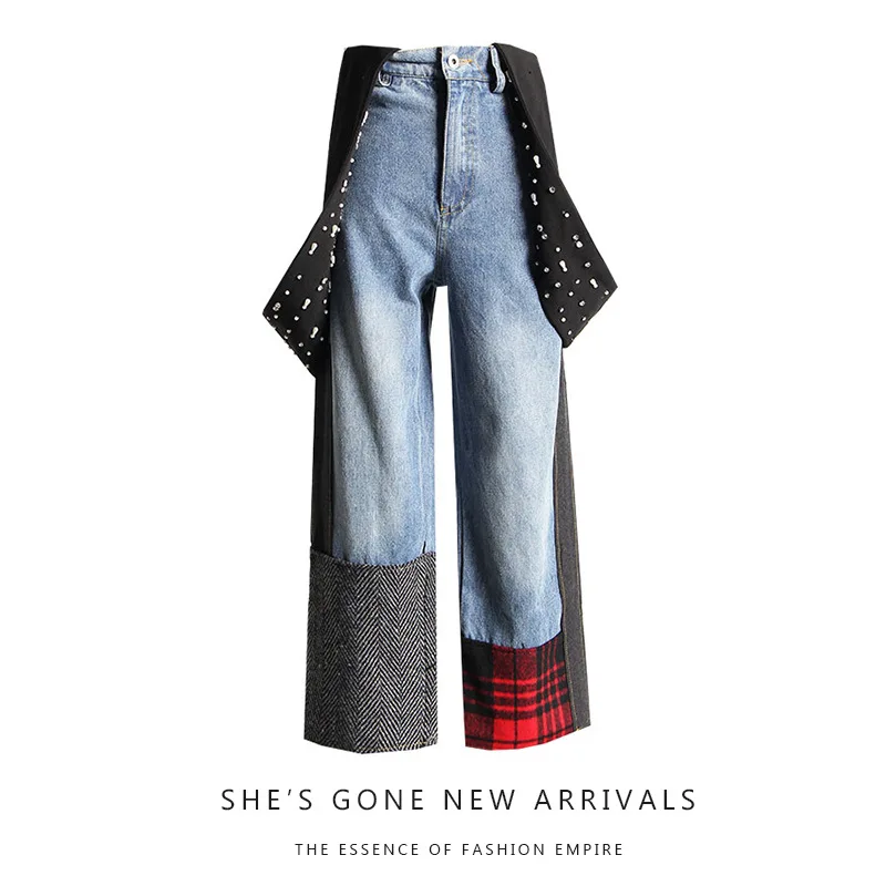 Женские брюки на подтяжках осень 2019 новый стиль промышленные бусины контрастное