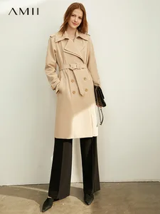 Amii осенний Женский Повседневный Тренч, офисный женский однотонный свободный пояс с отворотом, Женская длинная куртка 11930262