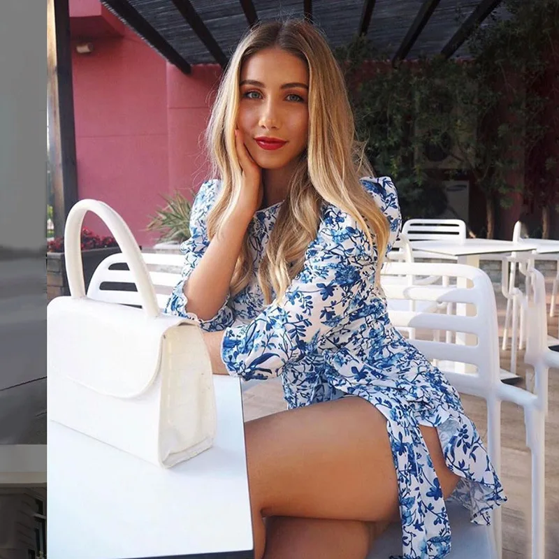 Женское короткое платье с цветочным принтом платье-мини длинным рукавом