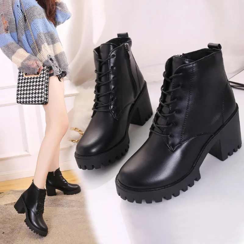 

2021 New Fashion Leather Ankle Boots Women Thick High Heels Zipper Pointed Toe Autumn Winter Woman Shoes Square Heel White Black