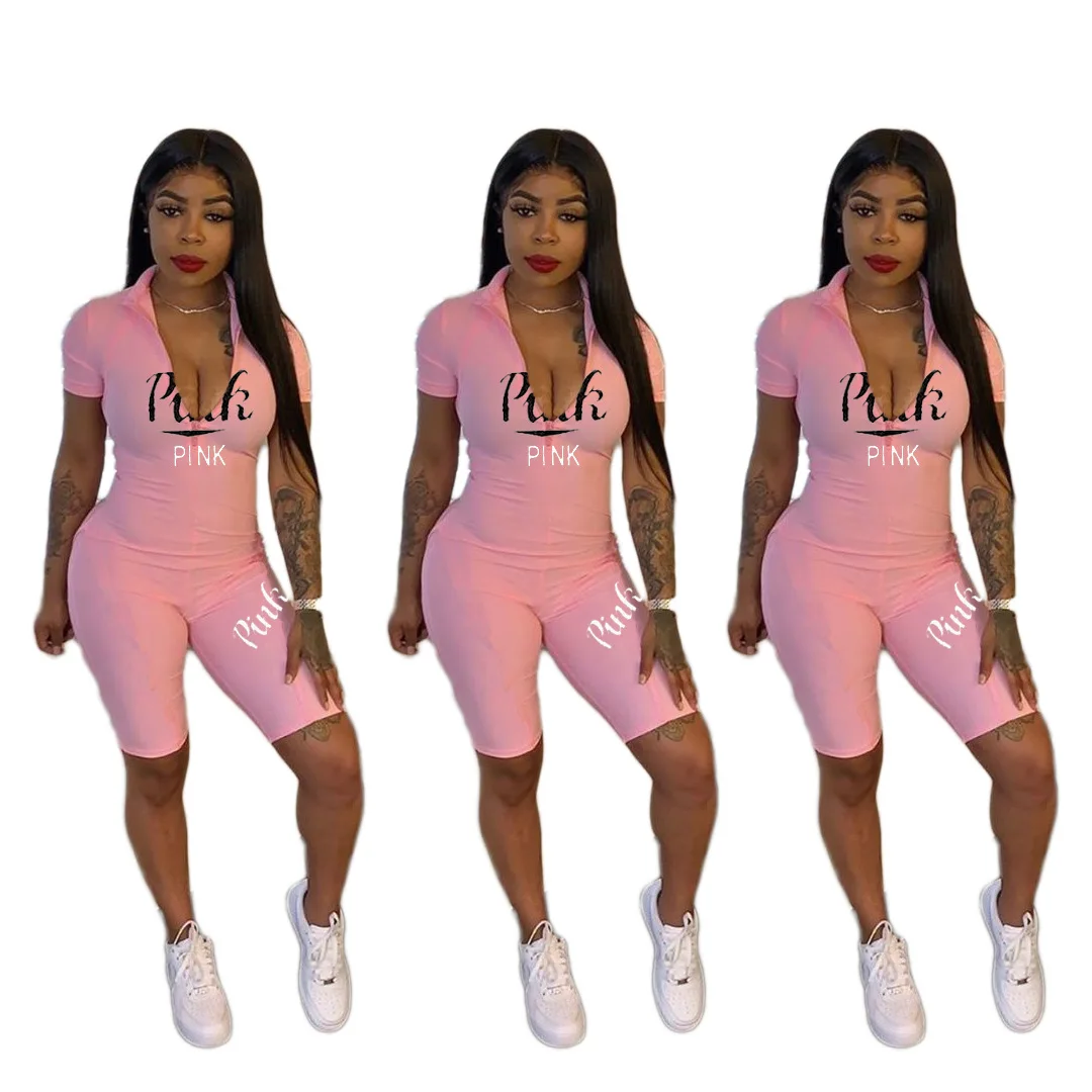 

Sexy Pink Letter Print Zipper Short Sleeve Shorts Bodysuit Playsuit Casual Women Jumpsuit Sexy Skinny Shorts Rompers