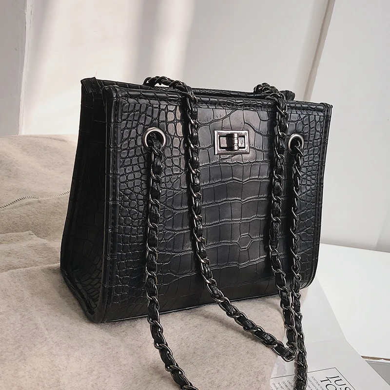 

Retro Fashion Big Tote Bag 2021 New Quality PU Leather Women's Designer Handbag Crocodile Pattern Chain Shoulder Messenger Bags
