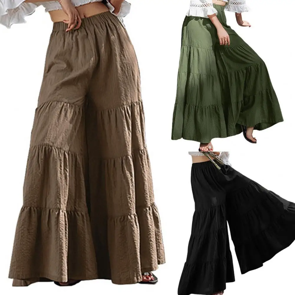 

Vintage Trousers Skirt Ankle-length Sliced Craft Women Wide Leg Pants Layered Skirt for Outdoor Elastic Waist Plus Size