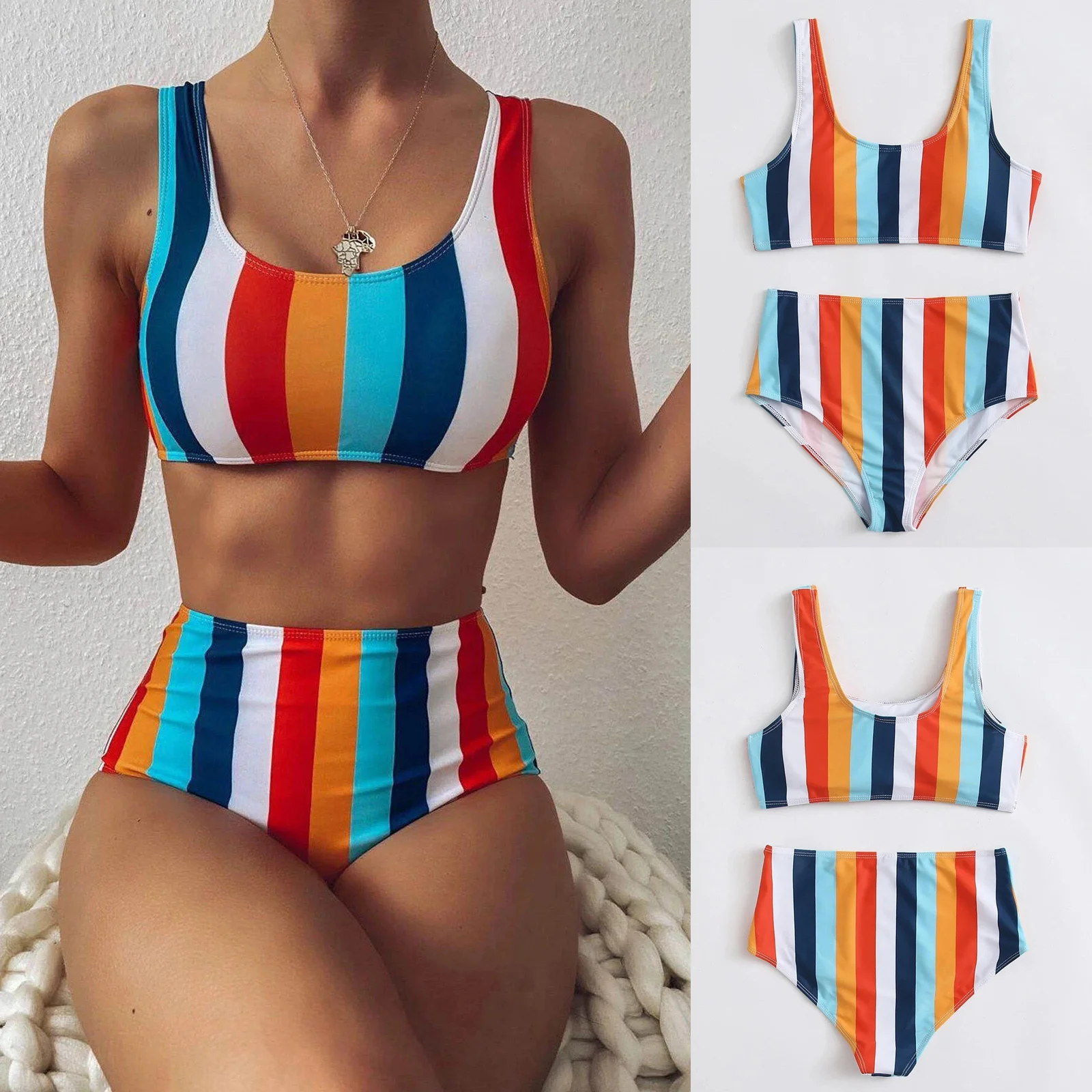 

Sexy Striped Swimwear Women 2021 Push Up High Waist Bikini Halter Bikini Set Hollow Out Print Bathing Suit Two Piece Swimsuit