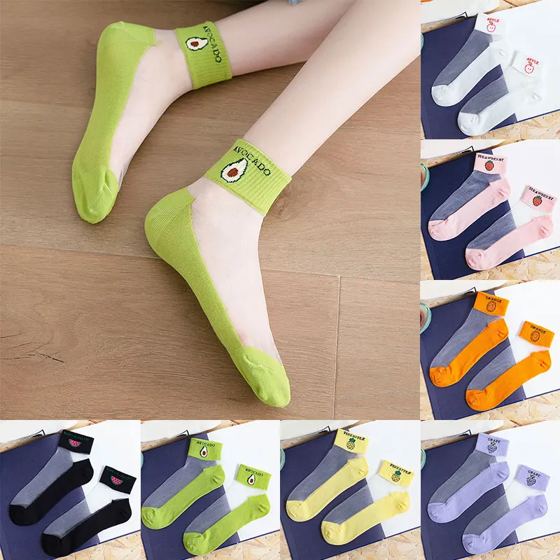 

Harajuku Crystal Silk Woman Socks Summer Thin Glass Silk Short Socks High Quality Casual Fruits Embroidery Low Cut Ankle Socks