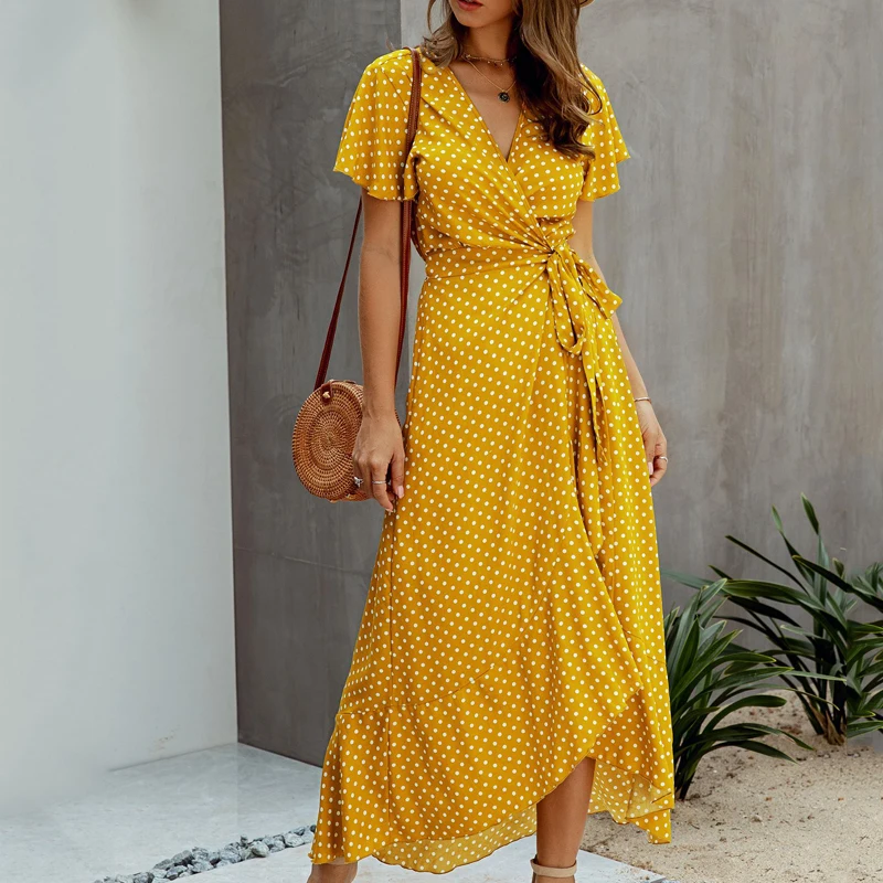 

Hot Fashion Polka Dots Sexy V-neck Ruffles Short Sleeve Women Dress 2020 Summer Elegant Belt Dot Print Long Dress Beach Dresses