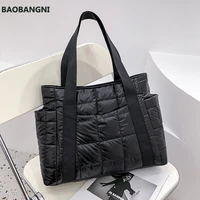 winter textured padded design duffel bag for women big totes plaid shoulder bags designer nylon shopper handbags