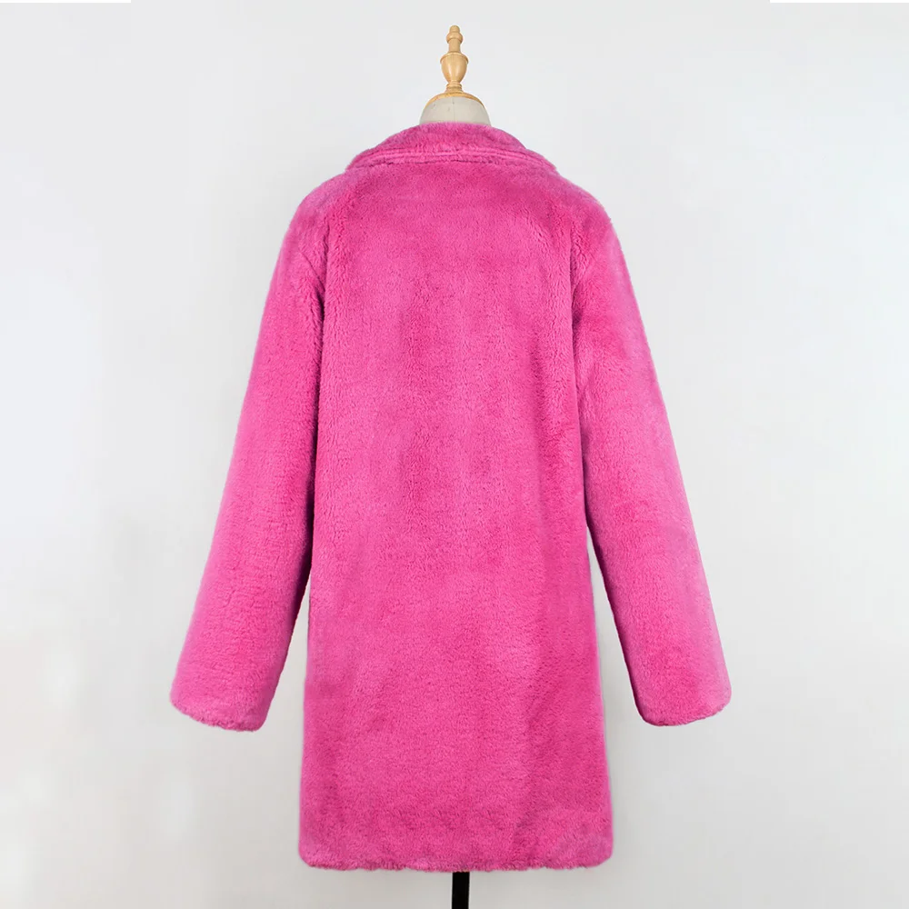 Faux Fur Coat Woman Winter Thicken Fluorescent Pink Long Coats 2019 Fashion Lady Teddy Outerwear fourrure femme D25 |