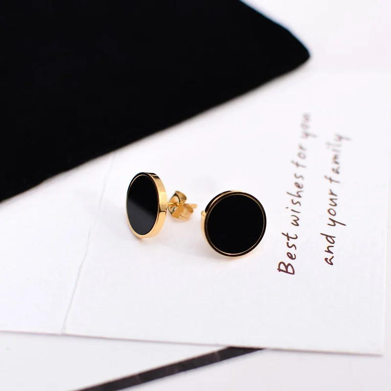 

925 Sterling Silver Rock Punk Jewelry Earrings 10mm Round Black Stone Golden Wedding Earring for Women Young Girl Jewelry