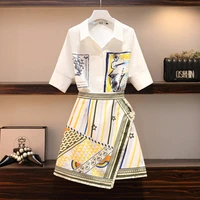 summer ladies workwear casual print shirt topchic irregular tassel mini skirt set women two piece outfits fashion girl suit