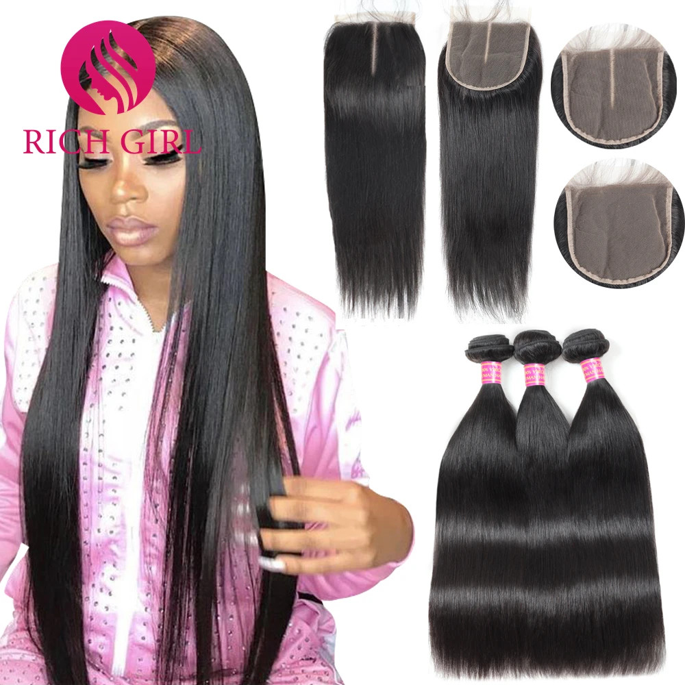 Richgirl Pre-Colored 3 Bundles With Closure Bone Straight Human Hair Bundles with Closure Brazilian Hair Weave Bundles Remy Hair