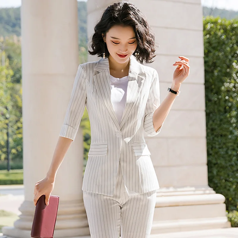 Новинка 2020 белый женский элегантный полосатый Женский костюм блейзер и брюки