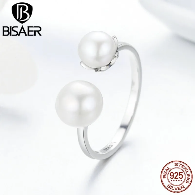 

BISAER 925 Sterling Silver Elegant Two White Pearls Open Finger Rings For Women Wedding Fashion Jewelry Valentine's Day Gift