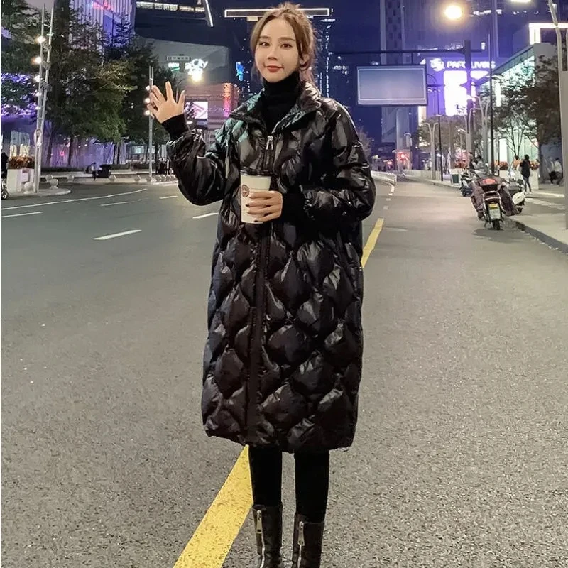 

Black Cotton-padded Warm Loose Big Size Jacket Woman's Parkas Fashion New Winter Long Sleeve Solid Color Street All-Match Coat