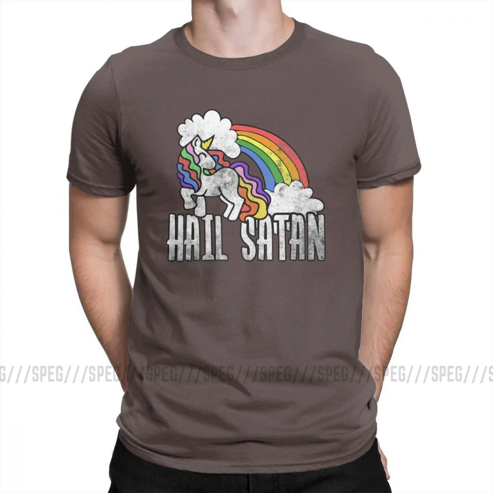 Футболка с надписью «Hail satan» в стиле ретро, радужная футболка с единорогом, футболка с коротким рукавом на заказ, Мужская футболка, топ, группа размера плюс, хлопок, Мужская футболка с круглым вырезом - Цвет: Коричневый