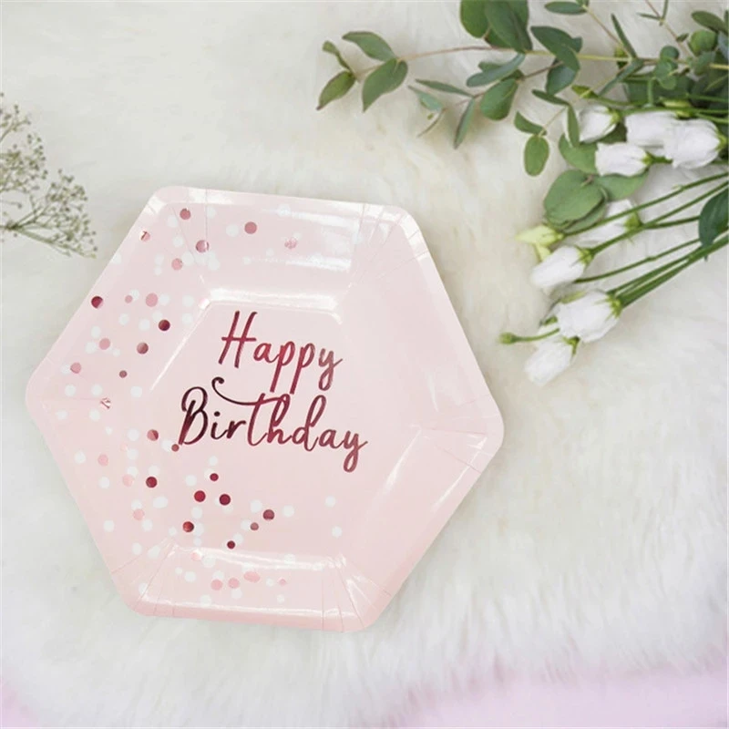 

Happy Birthday Bronzing Rose Gold Foil Tablewares Paper Cup Disposable Set Birthday Party Decoration Kid Adult