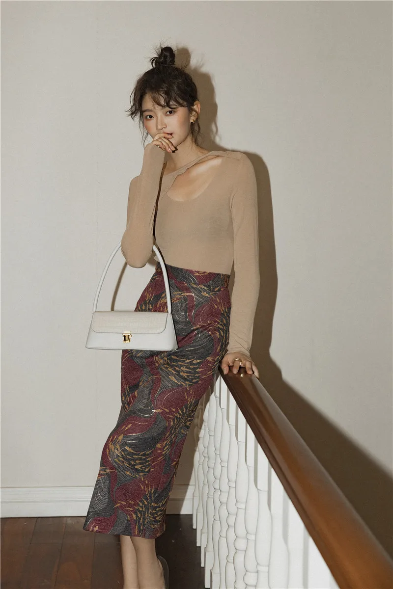 CHEERART Цветочная вышитая юбка Женская длинная облегающая с разрезом сзади женские