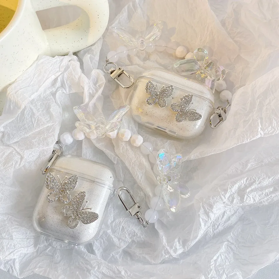 

Earphone Case For AirPods Luxury Diamond Butterfly Earphones Cover For AirPods 2 3 AirPods Pro Soft TPU Protect Shell with Chain