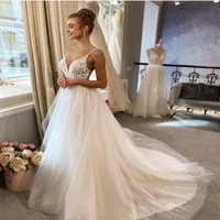 sexy princess wedding dress 2021 v neck lace appliques sleeveless backless sweep train organza tulle bride vestidos de noiva
