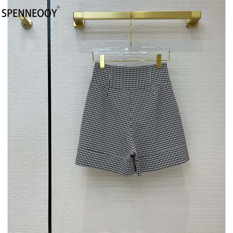 SPENNYMOOR 2021Designer Brand Summer Plaid Shorts Women Fashion Double Breasted High Waist Shorts