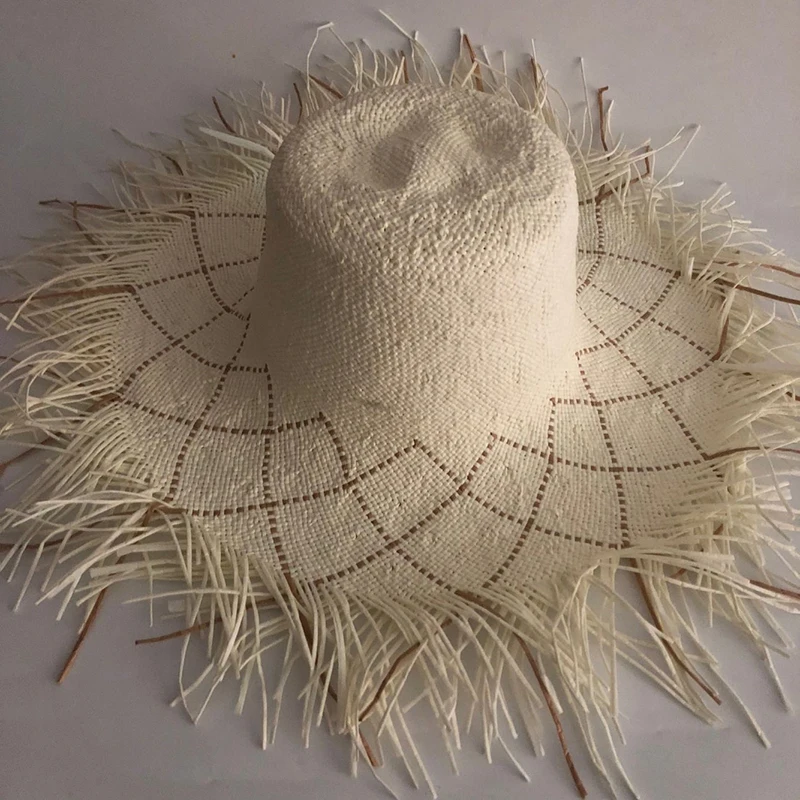 

Casual New Handmade Women Straw Sun Hat Large Wide Brim Gilrs High Quality Natural Raffia Panama Beach Straw Sun Cap For Holiday