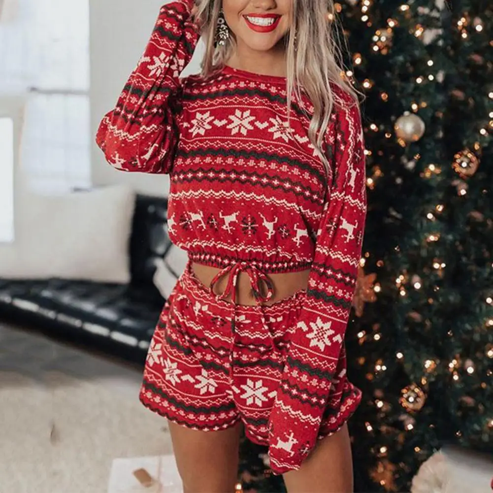

SANWOOD 2021 New Women Christmas Pajama Sets Long Sleeve Crop Top Shorts 2Pcs Xmas Snowflake Print Knit Fall Homewear