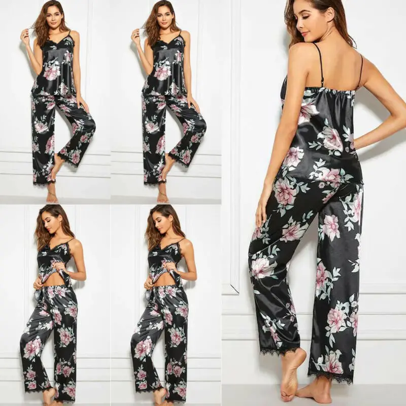 2019 женские шелковые атласные пижамы наборы без рукавов Черная кружевная