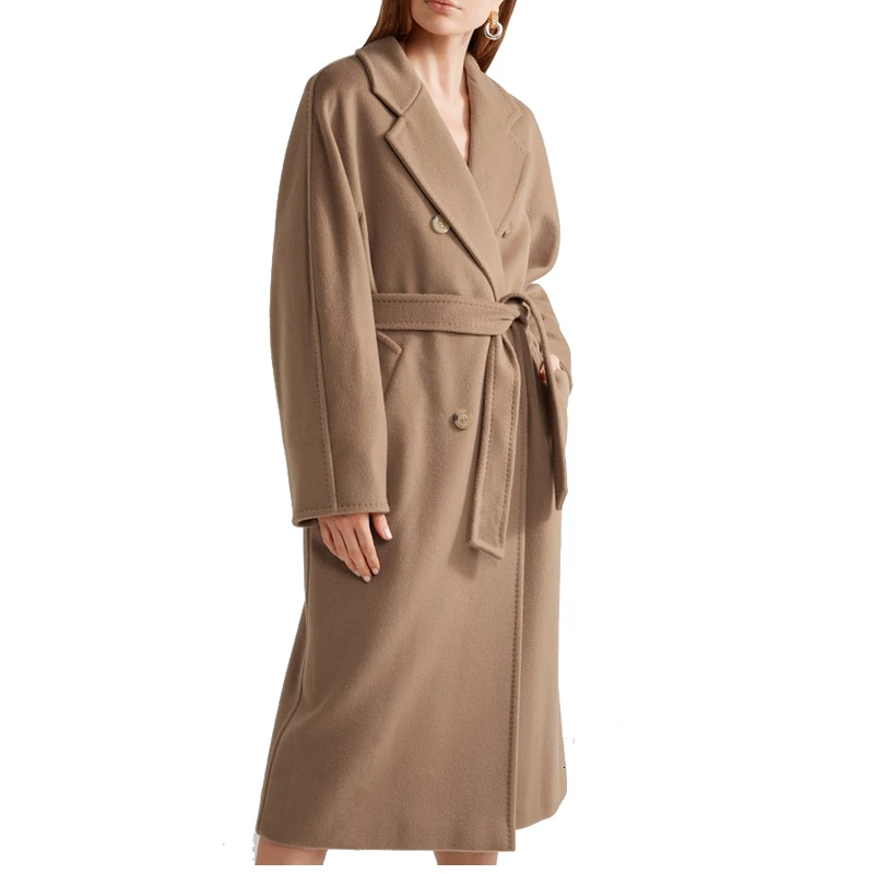 Женское шерстяное пальто с поясом элегантная теплая длинная офисная куртка
