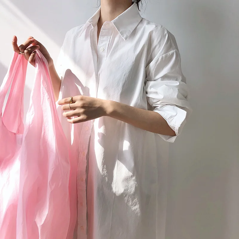 

Spring solid color shirt skirt women's mid-length over-the-knee lazy bf wind casual simple loose shirt dress