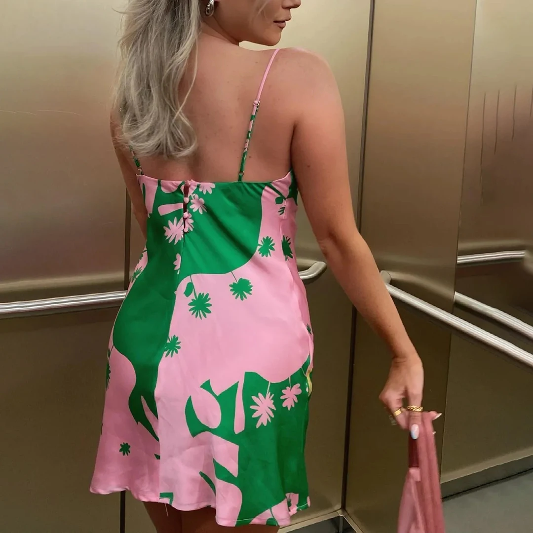 

New Sweet Spaghetti Strap Casual Summer Stain Dress Sexy Backless Slip Mini Dress Beach Holiday Female Vestidos